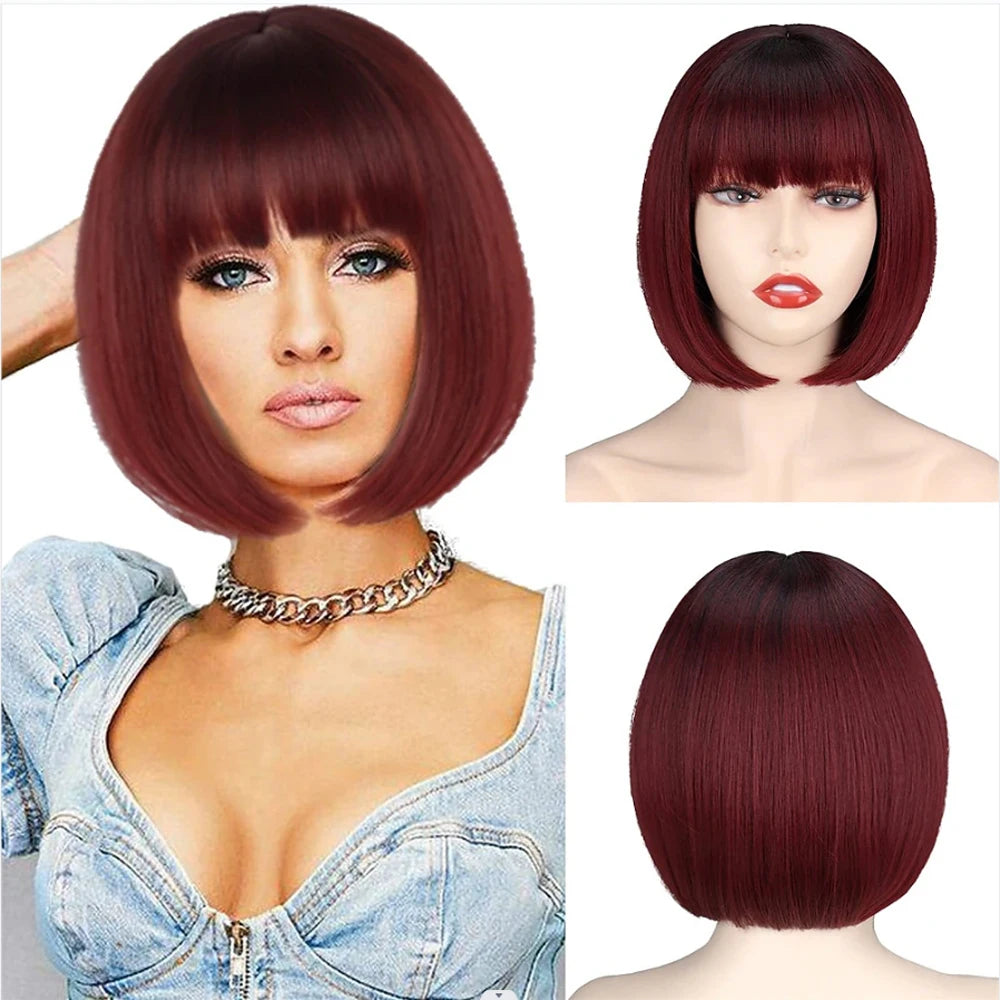 HAIRJOY Women Short Straight White Bob Wig with Bangs Synthetic Hair for Daily Party Cosplay Halloween red 10inches