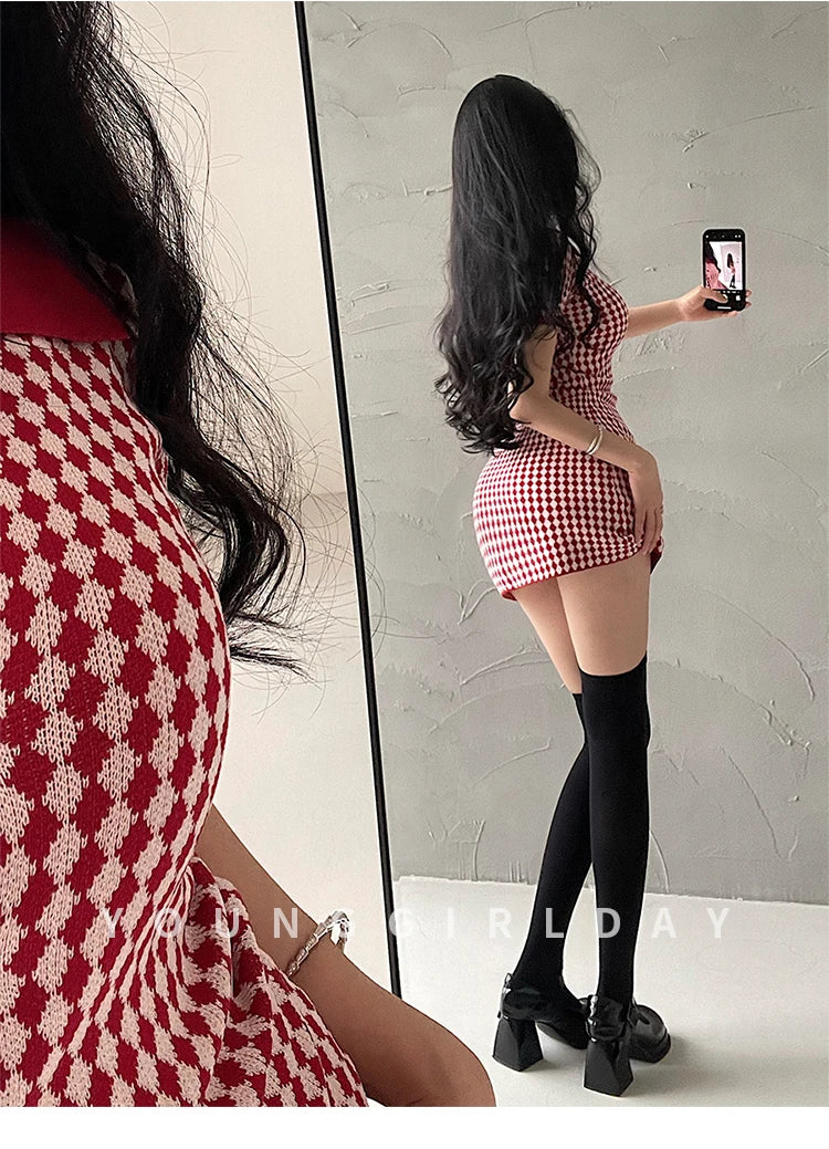 American Style Diamond Checkered Lapel Single Breasted Slim Short Sleeved Dress Elegant Tight Thin Dress T Shirt Mini Dress X0P7 Badiee Stylez