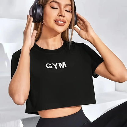 Women's Casual Printed Crop Top Athletic Style Short Sleeve Round Neck Gym T-Shirt for Workout & Fitness H911-Black-luqi
