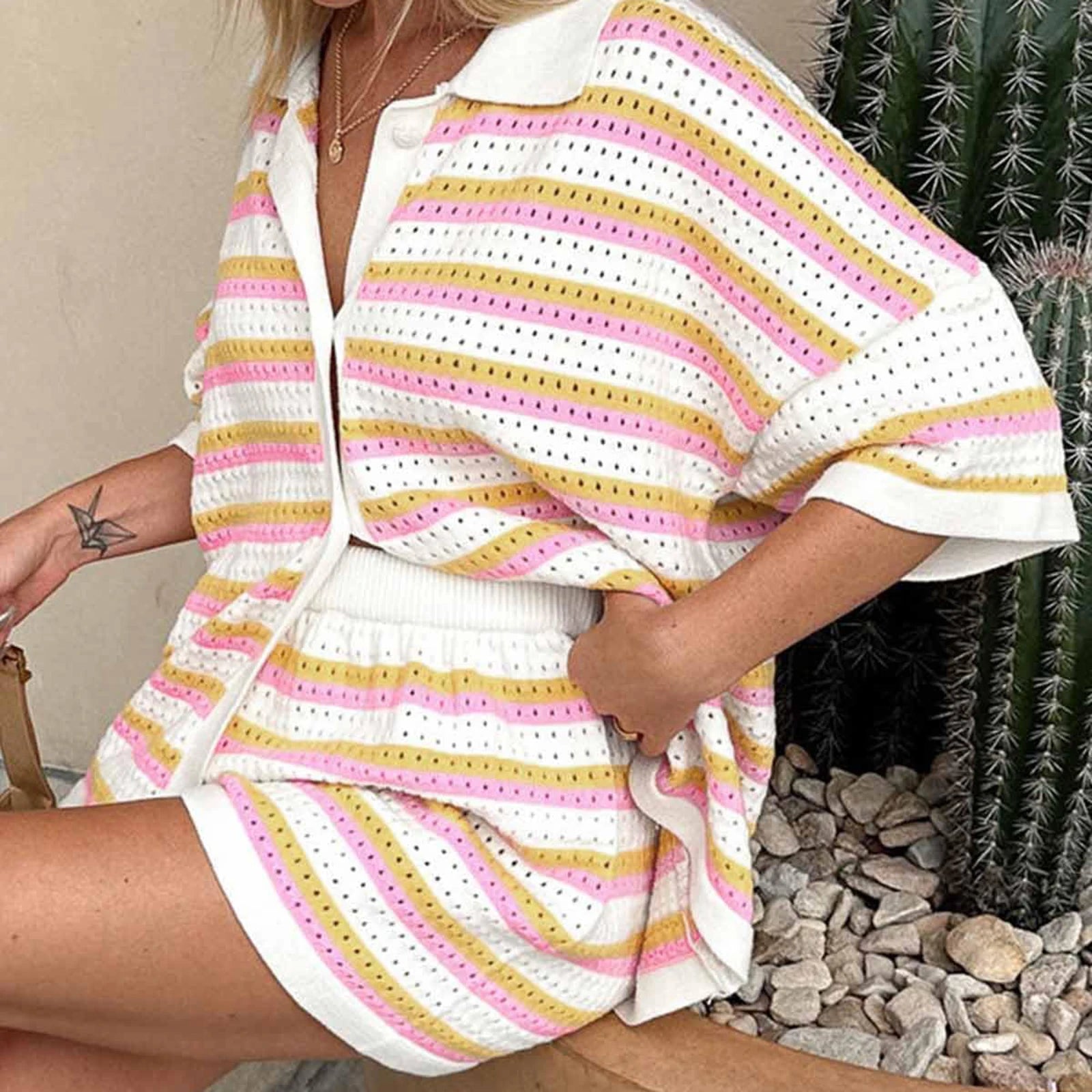 Knitted Women Two Piece Shorts Outfits Loungewear Suits Stripe Contrast Color Button Crochet Tops and Shorts Matching Sets Yellow