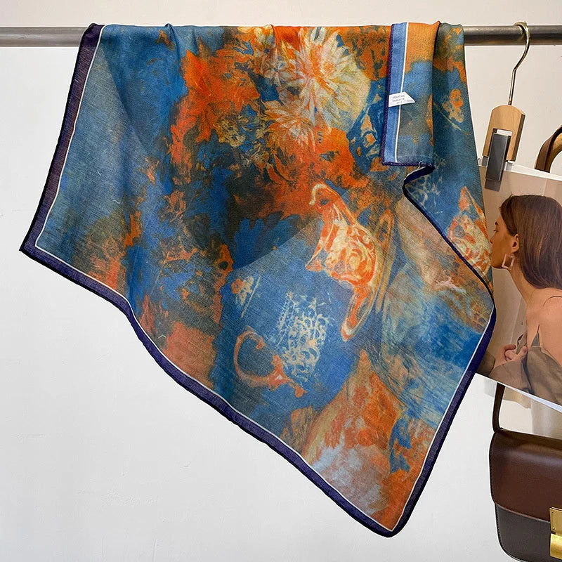 Fashion 70cm Cotton Square Scarf Women Floral Print Design Bandanas Lady Scarves Headband Accessories Handkerchief Hair QME189-01 65x65cm