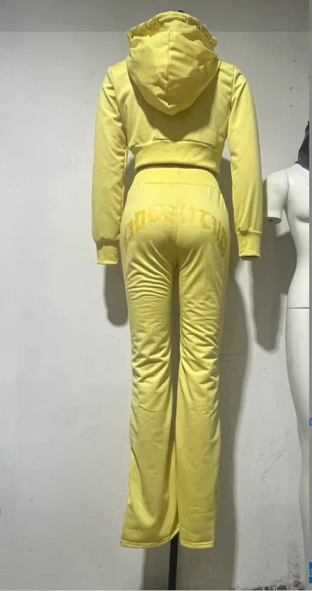 Patchwork 2 Piece Set Tracksuit Women Zip Wide Waist Crop Hooded Pocket Jacket + Sporty Pants Matching Casual Basic Suit Yellow print