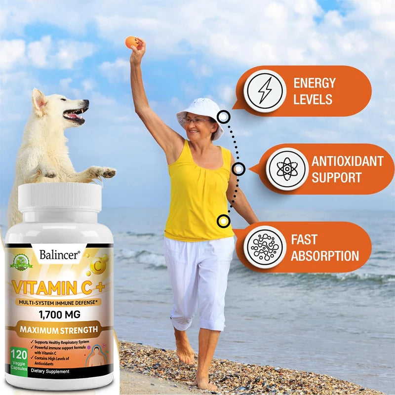 Vitamin C supplement, ascorbic acid, zinc and elderberry boost the immune system. Powerful Antioxidant, 120 Capsules ,