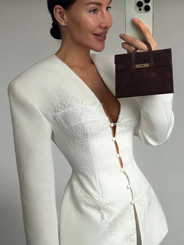 New Design Lace Patchwork Suit Jacket Women Retro Chic V-neck Single Breasted Waist-cinching Jackets Female High Street Outwear