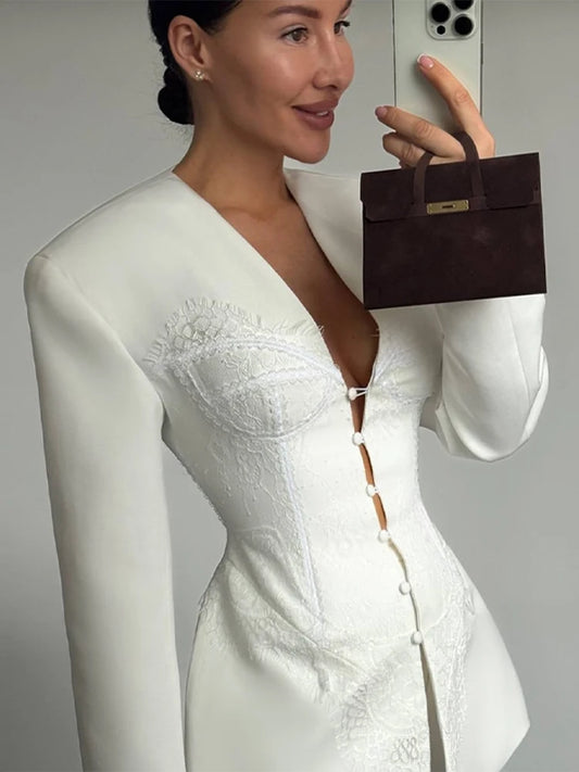 New Design Lace Patchwork Suit Jacket Women Retro Chic V-neck Single Breasted Waist-cinching Jackets Female High Street Outwear