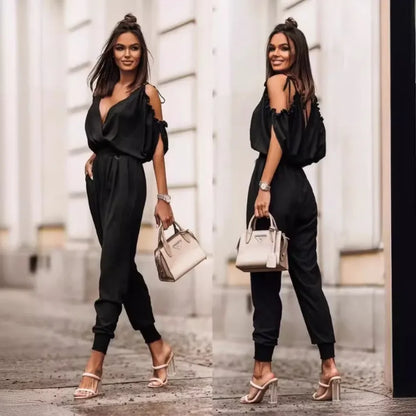 Jumpsuit Woman Summer New Elegant V Neck Pocket Elastic Waist Jumpsuits Fashionable Casual Loose Women's Clothing Jumpsuits