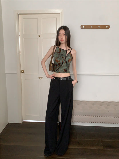 CHEERART Flocking Floral Vintage Crop Cami Top For Women 2024 Sleeveless Flower Green Tops Designer Clothes Luxury