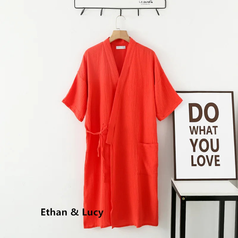 Summer 100% Cotton Gauze Crepe Short Sleeve Robes for Women and Men Solid Bathrobe Loose Soft Japanese-style Kimono Robe 2021 Women orange red