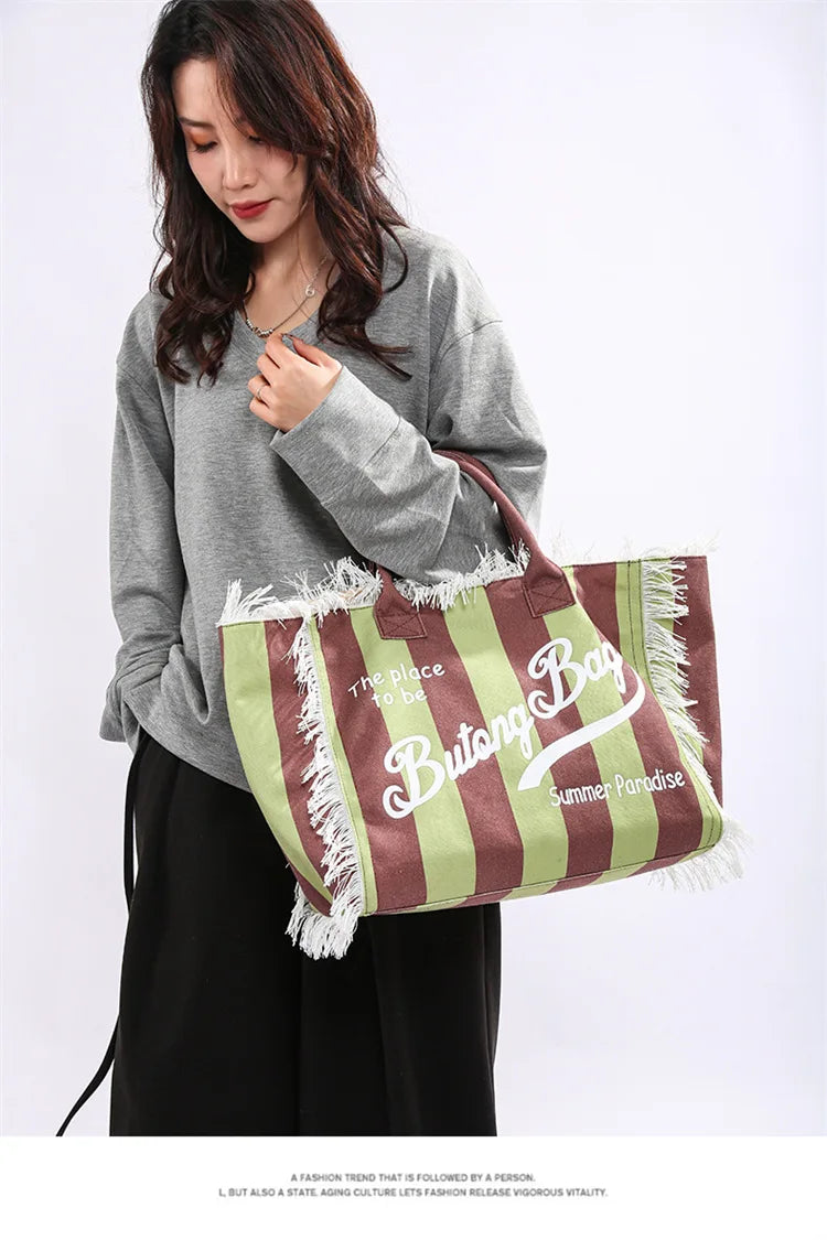 European and American Letters Tassel Canvas Bag Arge Capacity Handbags Travel Women Beach Tote Bag Fashion Casual Shopping Bags