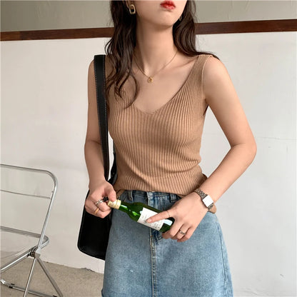 Solid Color Basic Women's Vest Tank Top Solid Color Knitted Tees Top Cropped Top Camisole Sweater V-neck Summer Sleeveless