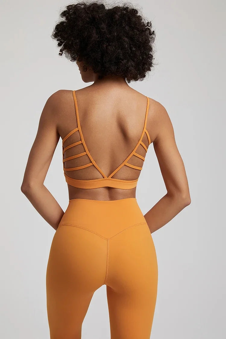 Open Back Sports Bra 8 Way Stretch Deep U Neck Bra Padded Fitness Top for Women Topaz