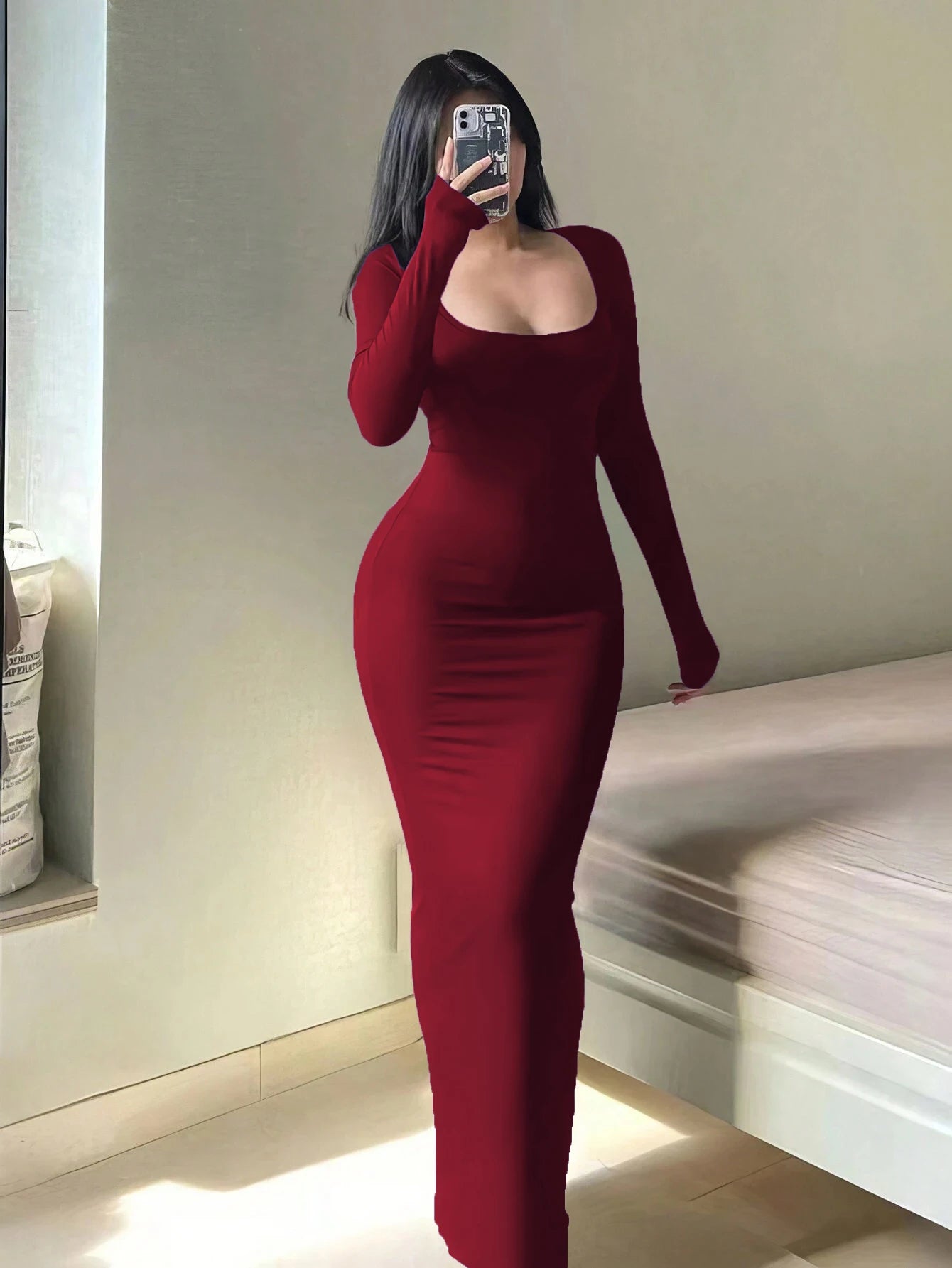 Women's Solid Long Sleeve Bodycon Dress, Chic Basic Minimalist Causual Fashion Scoop Neck Long Dress, Womenswear Claret
