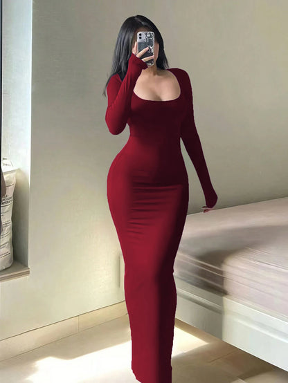 Women's Solid Long Sleeve Bodycon Dress, Chic Basic Minimalist Causual Fashion Scoop Neck Long Dress, Womenswear Claret