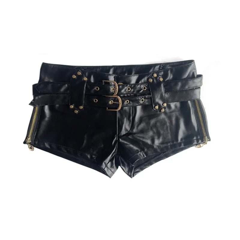 Vintage Nightclub Sexy Low Waist Pu Leather Belt Ultra Shorts Boots Women's Fashionable Versatile Female Dressing Shorts