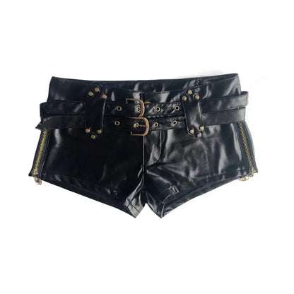 Vintage Nightclub Sexy Low Waist Pu Leather Belt Ultra Shorts Boots Women's Fashionable Versatile Female Dressing Shorts