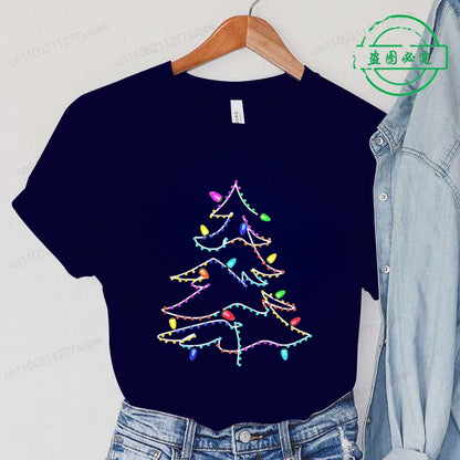 Women's Casual T-Shirts Christmas Lights Xmas Tree Print T-Shirt Christmas Party Design Tops Short Sleeve Ladies T Shirts Tops