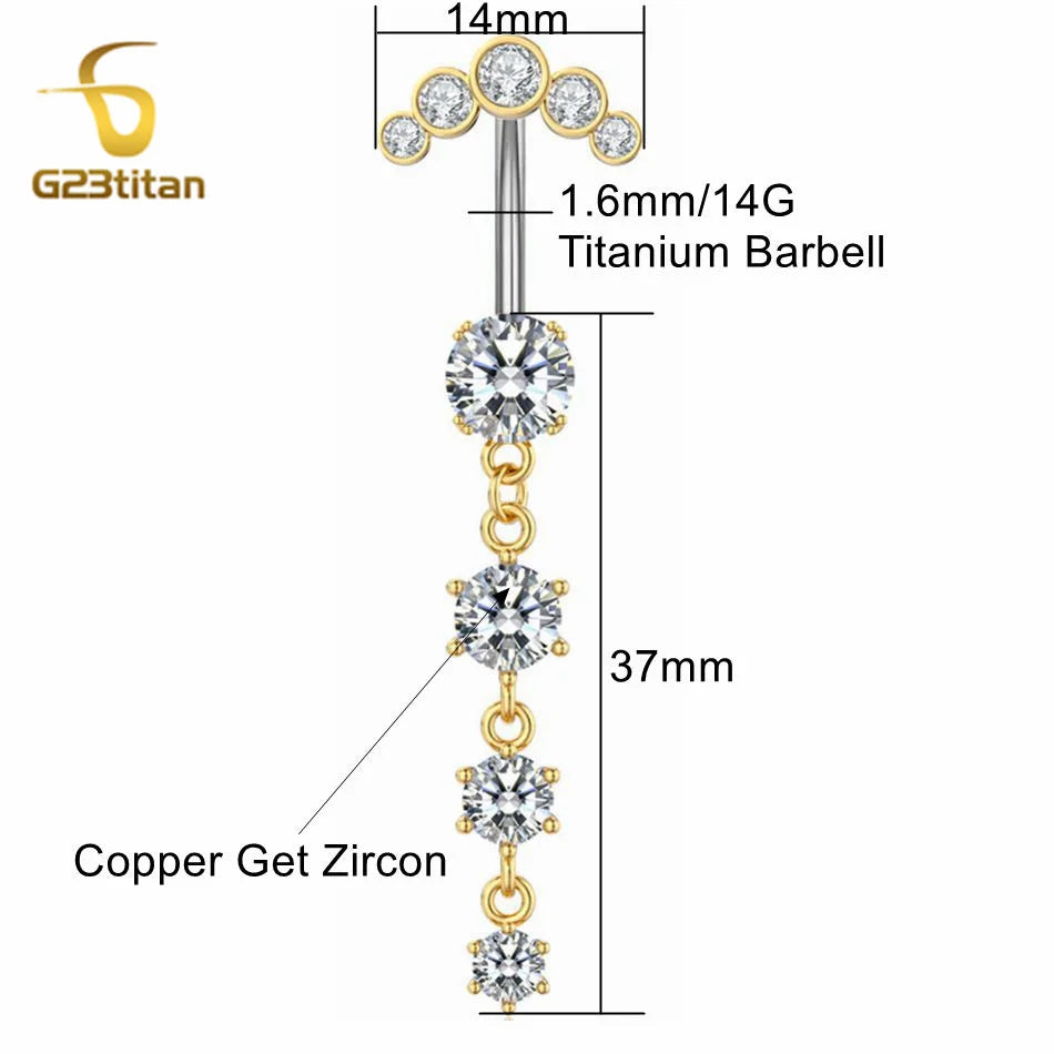 G23titan Long Zircon Pendant Dangle Belly Button Ring Surgical Titanium Navel Piercing Curved Barbell Anti allergic Body Jewelry Badiee Stylez