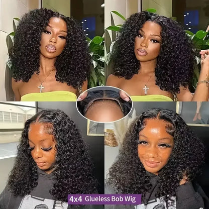 4x4 Put On And Go Glueless Bob Wigs Human Hair Curly For Women Pre Plucked Pre Cut Lace Ready To Wear Kinky Curly Lace Front Wig