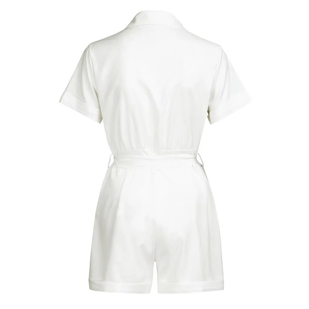 Summer New Solid Short Style Jumpsuit For Women Fashion Lapel Single Breasted Lace Up Jumpsuits Elegant Office Lady Commuting