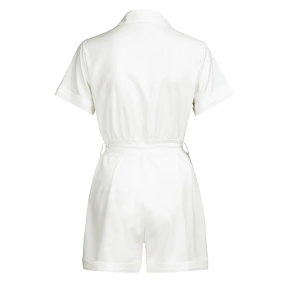 Summer New Solid Short Style Jumpsuit For Women Fashion Lapel Single Breasted Lace Up Jumpsuits Elegant Office Lady Commuting