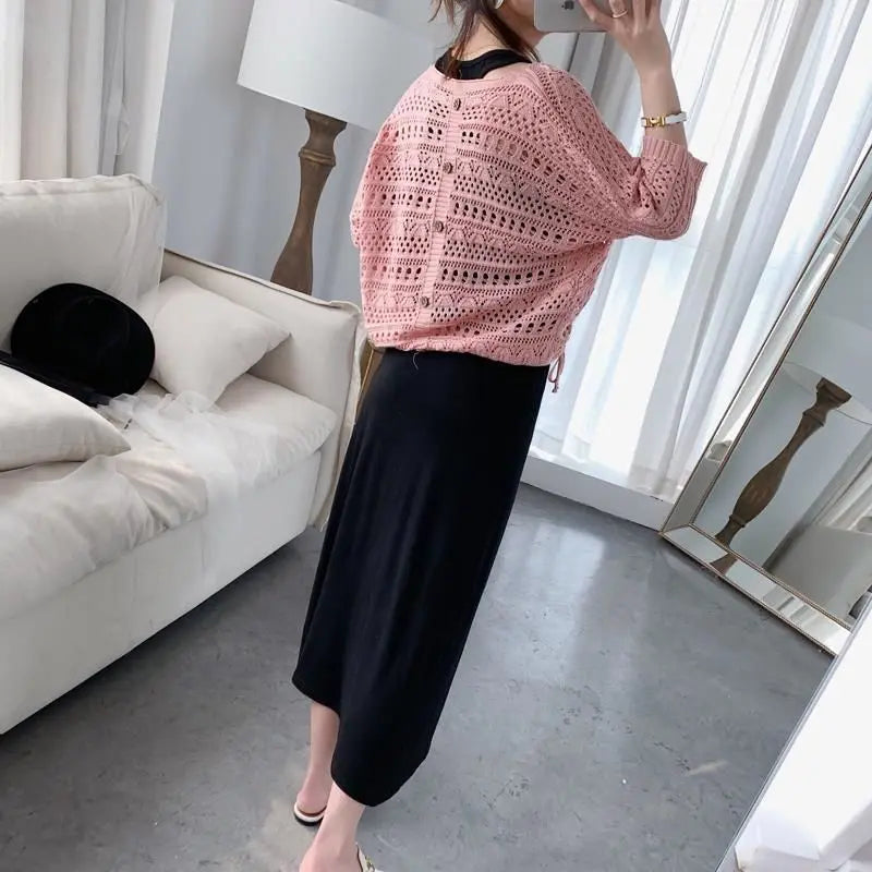 Hook Flower Hollow V-Neck Knitted Short Sleeve Pullover Sweater Loose Black Modal Sleeveless Vest Dress Sets Two Piece Set 2024