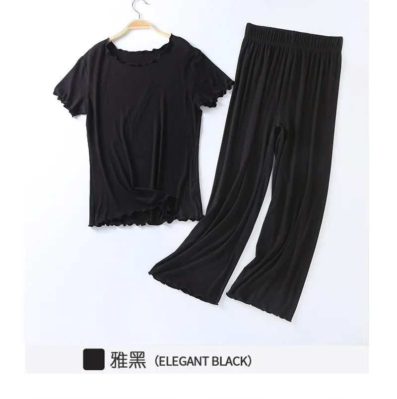 Japanese summer new ladies cotton modal short-sleeved nine-point pants suit home service suit women's large size home pajamas black