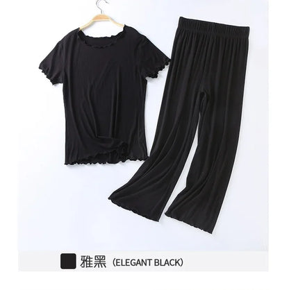 Japanese summer new ladies cotton modal short-sleeved nine-point pants suit home service suit women's large size home pajamas black