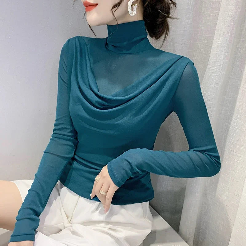 Sexy Mesh Basic T-shirts Women 2025 Fashion Turtleneck Casual Long Sleeve Y2k Tops Korean Clothes Woman Black Winter T Shirt 4XL Malachite Blue