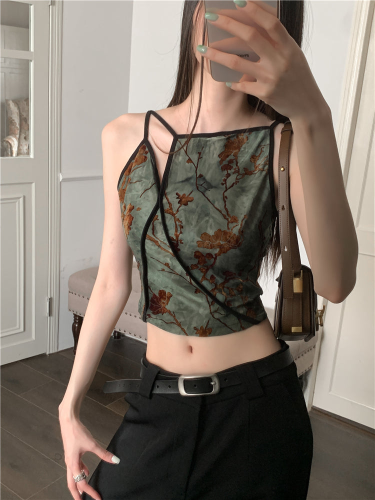 CHEERART Flocking Floral Vintage Crop Cami Top For Women 2024 Sleeveless Flower Green Tops Designer Clothes Luxury