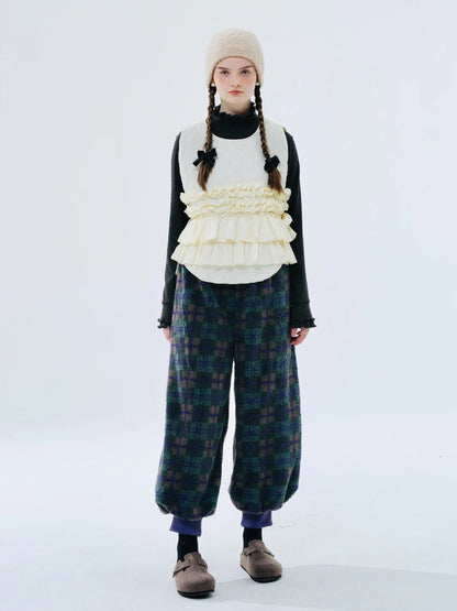 imakokoni2023 autumn and winter original green plaid lamb wool shrink pants 234408 Badiee Stylez