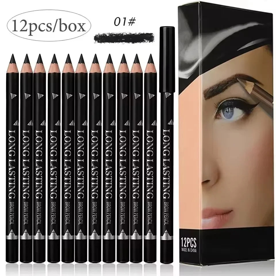 6/12Pcs Eye Brow Pencil Waterproof Professional Women Eye Makeup Pen Easy Color Natural Black Brown Cosmetic Beauty Eyebrow Tool 12Pcs-01BLACK