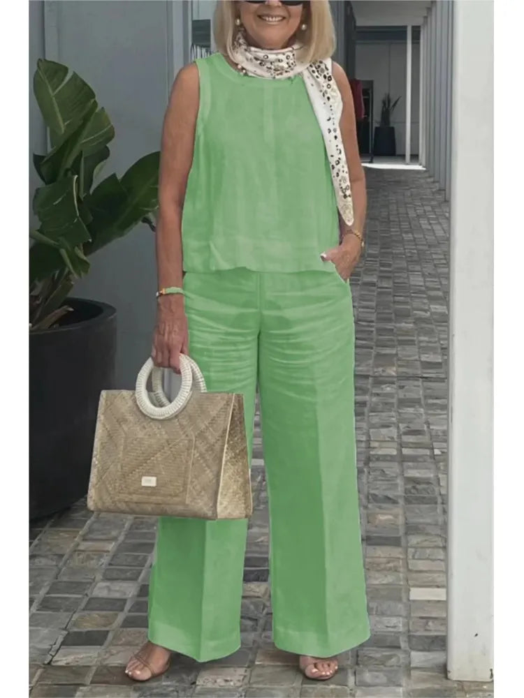 Spring Summer Cotton Linen Solid Color Sleeveless Vest Top Women Pants Suit Casual Pocket Elegant Female Office Retro 2Piece Set Brown