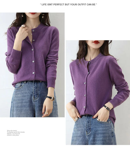 Knitted Cardigan Women's Sweater Autumn And Winter 2022 New Solid Color Coat Round Neck Short Long Sleeve Loose Korean Fashion