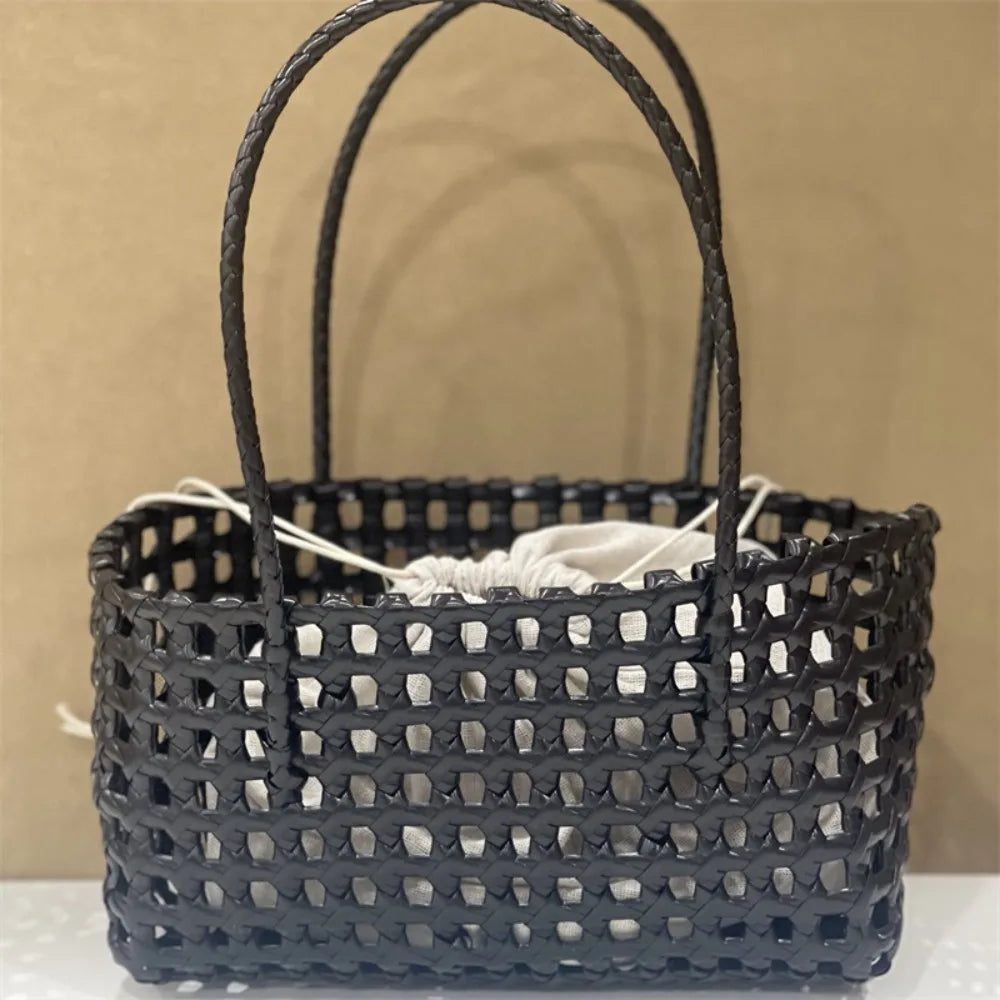 Plastic Hollow Weave Bag Countryside Style Bohemian Style Beach Tote Bag Large Capacity Bucket Bag Vegetable Basket Bag