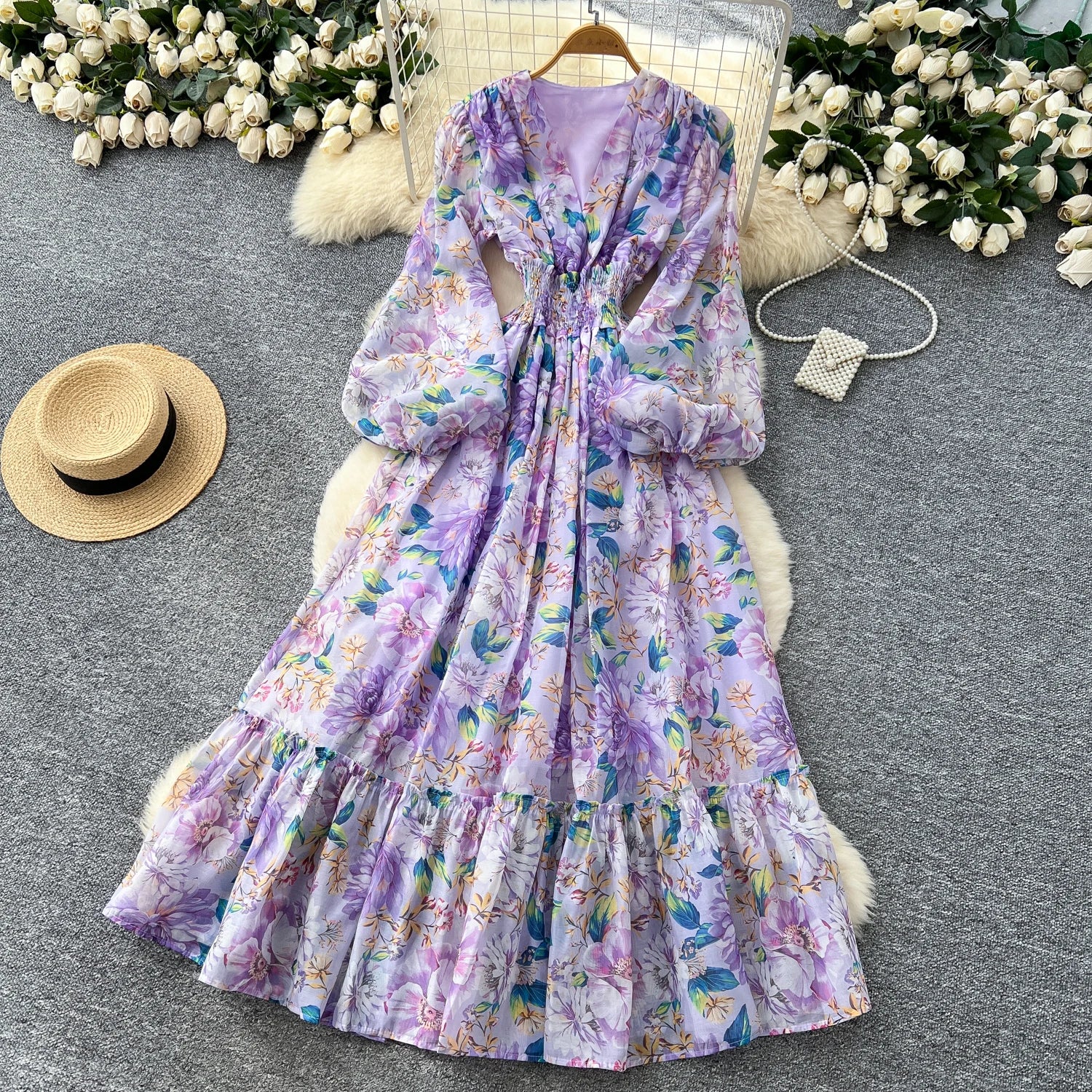 Chic vintage long sleeve lantern sleeve V-neck print pleated Elegant Fairy korean dress women clothing Long dress