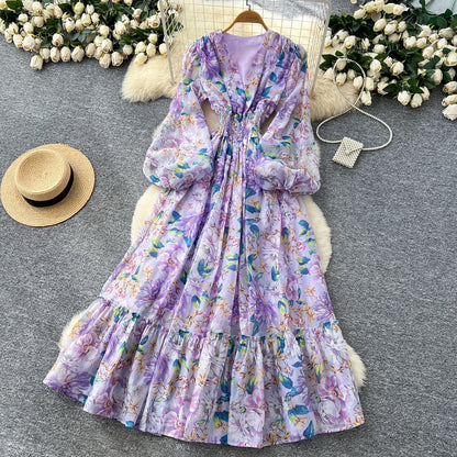Chic vintage long sleeve lantern sleeve V-neck print pleated Elegant Fairy korean dress women clothing Long dress