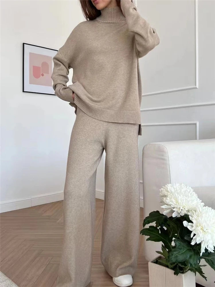 Autumn Winter 2 Pieces Women Sets Knitted Tracksuit Turtleneck Sweater and Straight Jogging Pants Suits camel One Size