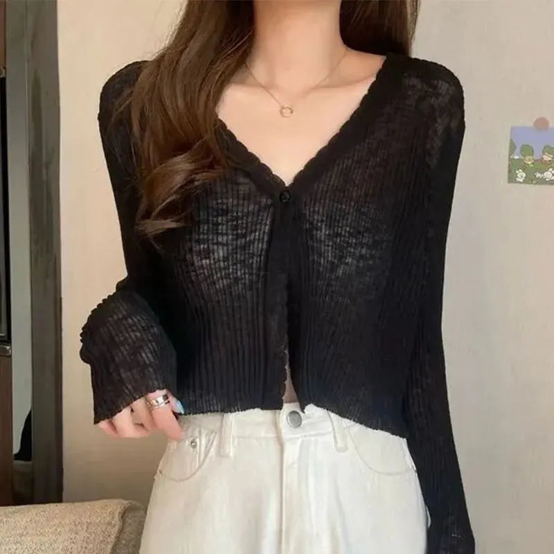 JOEVILU Thin Sunscreen Shirt Women's Summer Outerwear Crop Tops Hollow Out White Long-sleeved Cardigan Elegant Casual Shawl Coat Black