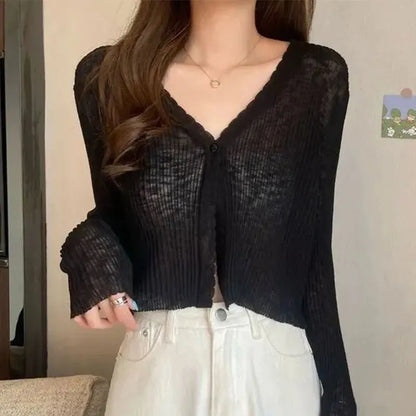 JOEVILU Thin Sunscreen Shirt Women's Summer Outerwear Crop Tops Hollow Out White Long-sleeved Cardigan Elegant Casual Shawl Coat Black