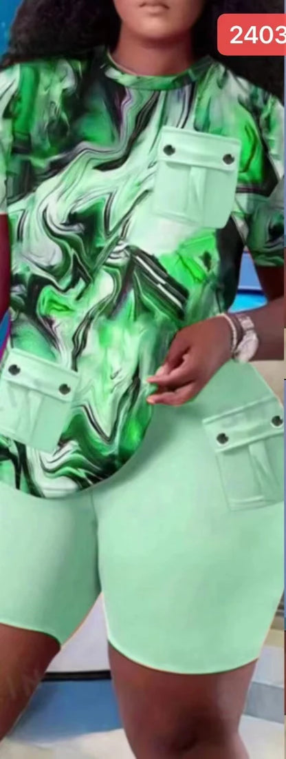 Two Piece Sets Women Short Pant Set Print Round Neck Casual Tops Sheath High Waist Shorts Pants Casual Slim Fit Summer green