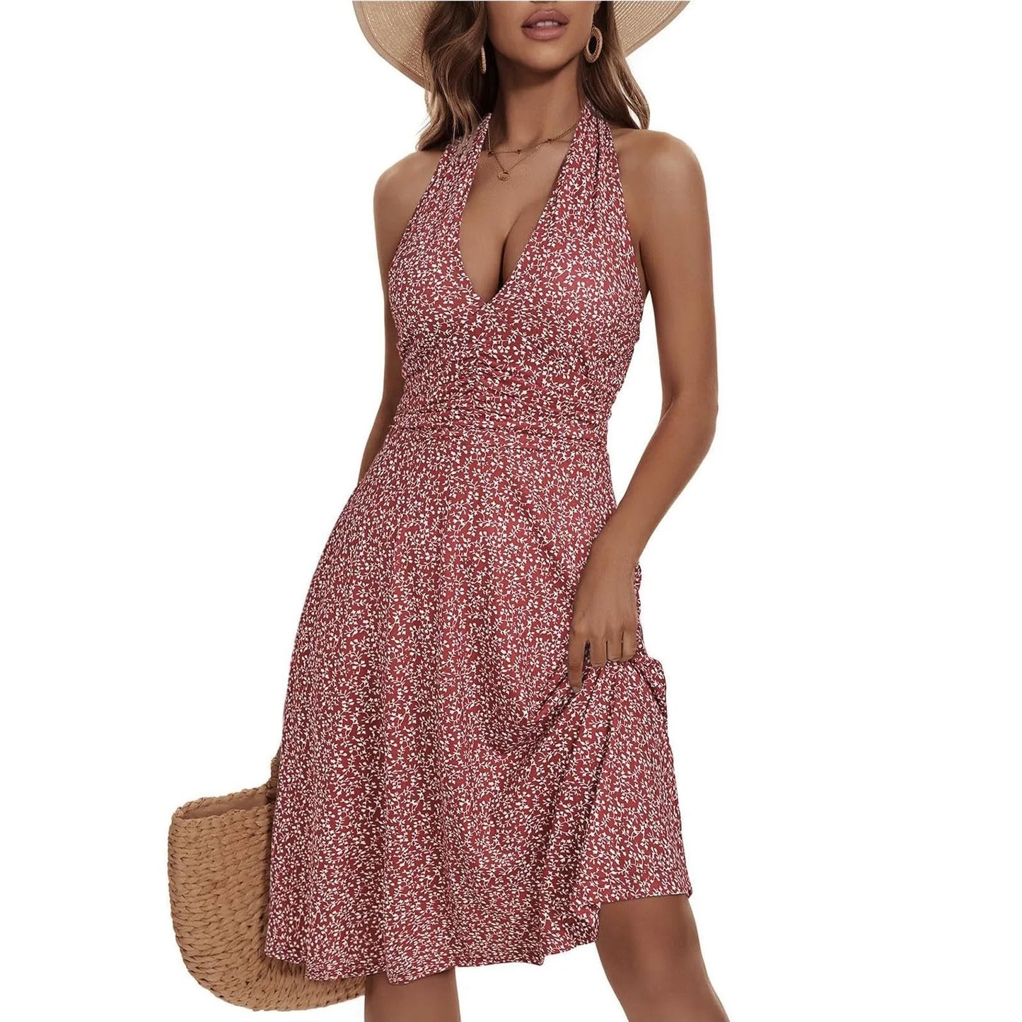 Ladies' Sexy Elegant Bohemian Floral Printed Summer Sleeveless Deep V-neck High Waist Beach Vacation A-line Daily Ruffle Dresses Red