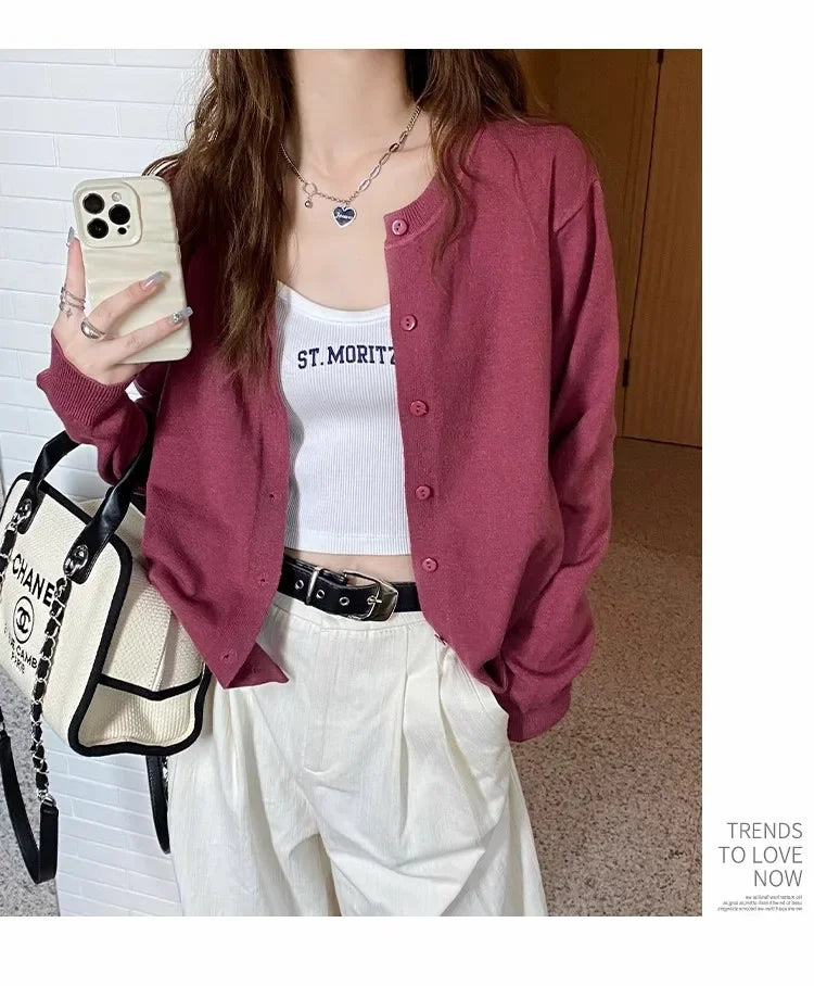 New 2025 Spring Summer Knit Cardigan O-Neck Solid Color Fashion High-Grade Comfortable Slim Casual Knitwear Tops