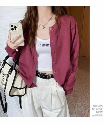 New 2025 Spring Summer Knit Cardigan O-Neck Solid Color Fashion High-Grade Comfortable Slim Casual Knitwear Tops