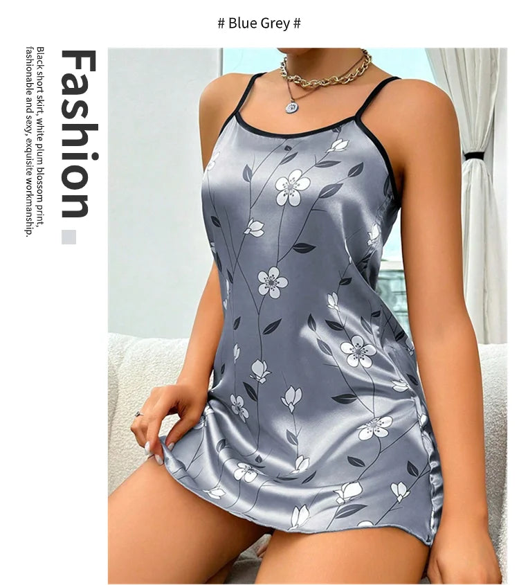 Women's Sleepdress Satin Floral Print Nightdress Comfortable Spaghetti Strap Sleepwear Dress Luxurious Satin Slip Nightdress