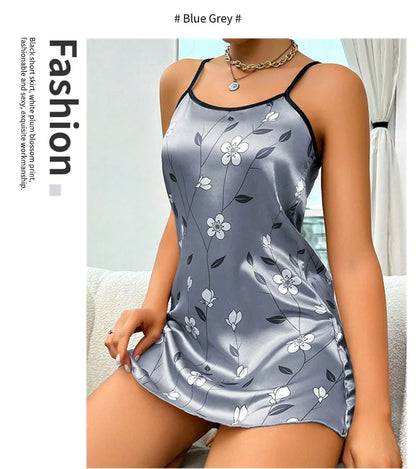 Women's Sleepdress Satin Floral Print Nightdress Comfortable Spaghetti Strap Sleepwear Dress Luxurious Satin Slip Nightdress