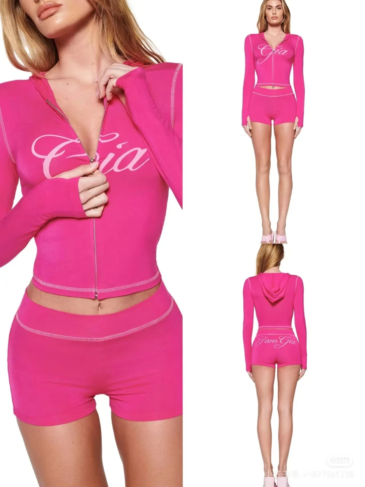 25 Summer New Shoulder Letter Printed Bright Thread Design Slimming Hooded Zipper Short Coat Shorts Set for Women