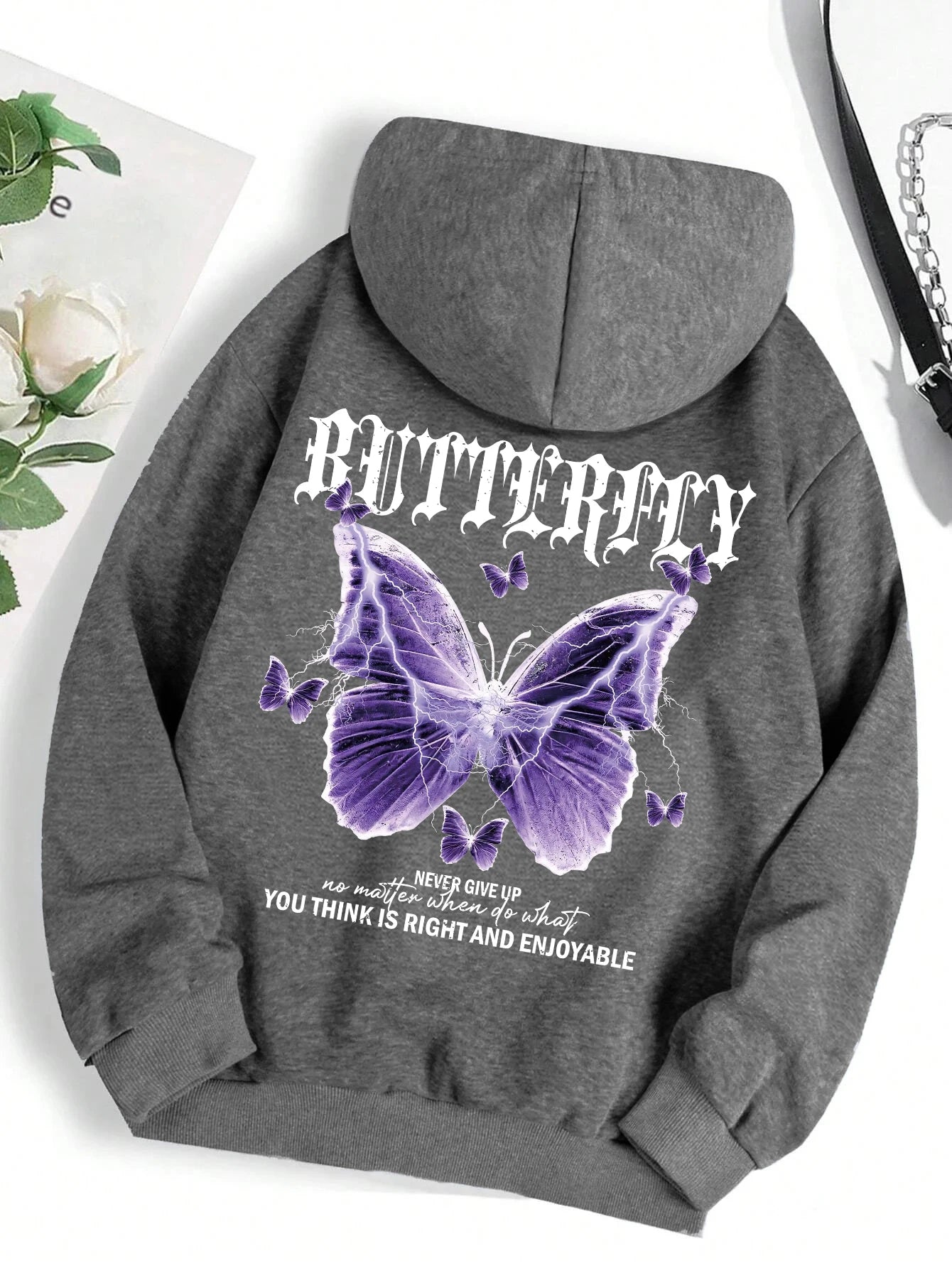 Beautiful Purple Butterfly Printing Hoodies Women Fleece Pocket Hoody Simple Casual Hoodie Autumn Loose Female Streetwear Dark Gray