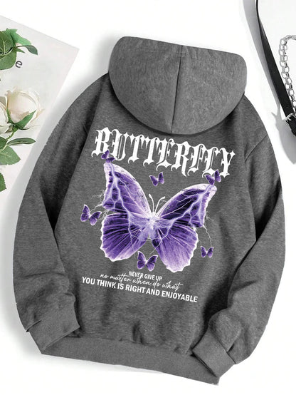 Beautiful Purple Butterfly Printing Hoodies Women Fleece Pocket Hoody Simple Casual Hoodie Autumn Loose Female Streetwear Dark Gray