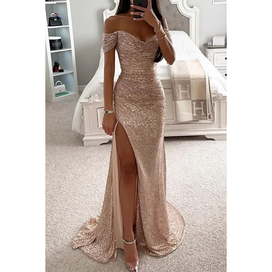 Womens Dresses New Party Sequin One Line Neckline Slit Dress Casual Fashion Dress for Women Champagne