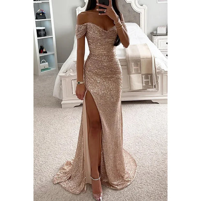 Womens Dresses New Party Sequin One Line Neckline Slit Dress Casual Fashion Dress for Women Champagne